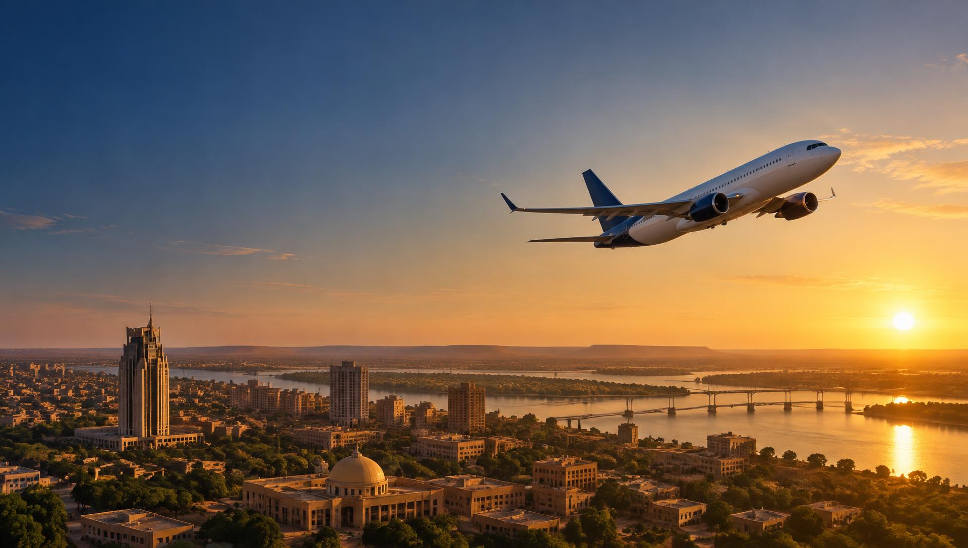 Avion survolant une ville africaine au lever du soleil